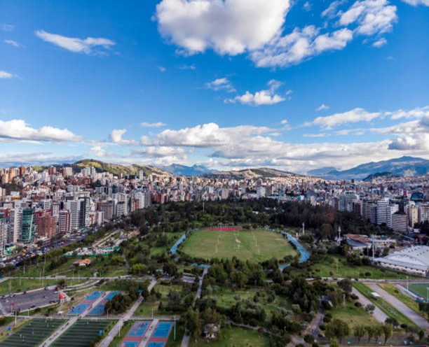 La Carolina park located in the northern center of the city of Quito surrounded by modern buildings